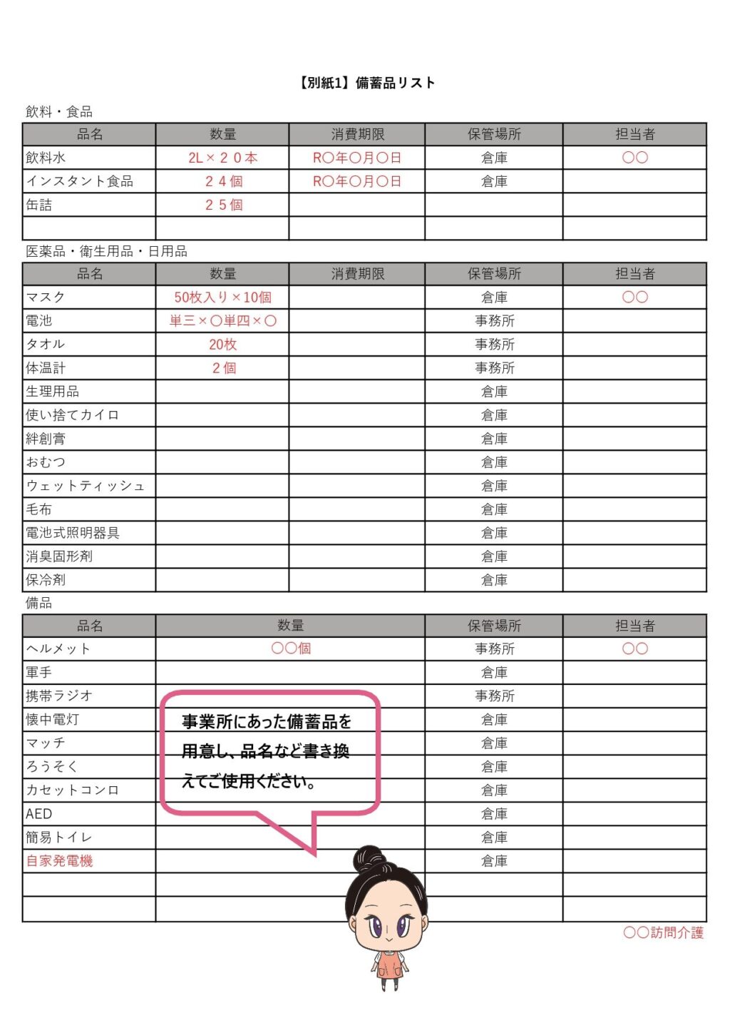 BCP備蓄品リストのテンプレート。数量・保管場所の入力欄付きで編集可能。
