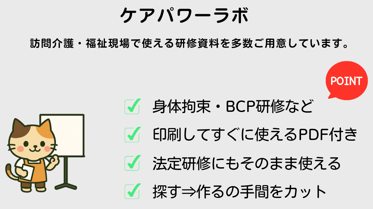 訪問介護事業所向けの研修資料を紹介するスライド画像