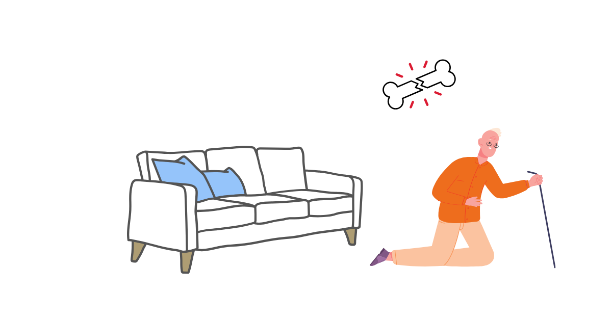 室内で転倒した高齢者と骨折リスクを示すイラスト｜高齢者は転倒＝骨折につながりやすいことを表現
