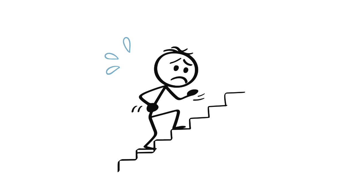 「階段を登る途中で立ち止まり、困っている人のイラスト。8050問題で生じる生活の困難や行き詰まりを表している。」