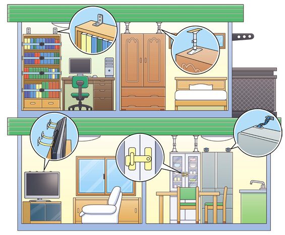 「家具の転倒防止や扉の固定など、地震に備えた室内の安全対策を示したイラスト」