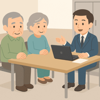 高齢者が市町村職員と一緒に、避難行動要支援者登録について相談している様子のイラスト