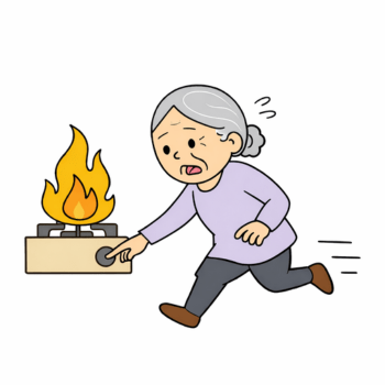 地震後に高齢の女性が火を消している様子のイラスト