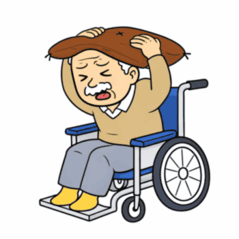 地震発生時に車いすの高齢者が座布団で頭を守っている様子のイラスト