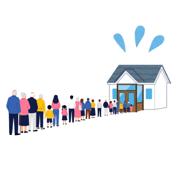 多くの人が集まり、混雑している避難所の様子を示したイラスト