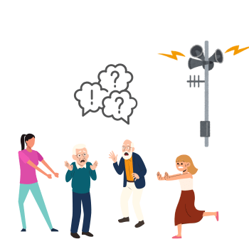 災害時に、認知症のある高齢者が周囲の音や状況に混乱している様子を示したイラスト