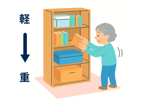 棚の上には軽い物、下には重い物を収納して、家具の重心を低くする様子を示したイラスト