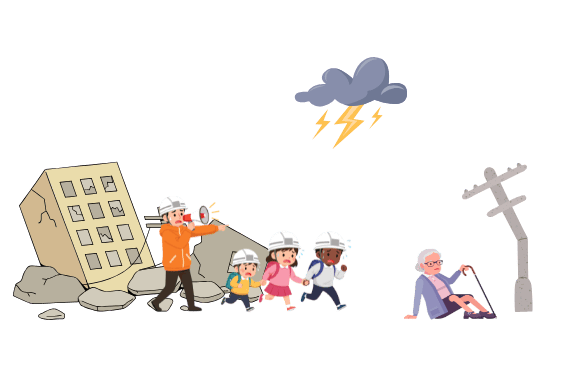 地震発生後、倒壊した建物や電柱の近くで、子どもや高齢者が避難している様子のイラスト