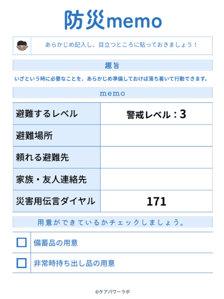 災害時に備えて事前に記入しておく防災メモの例。避難する警戒レベル、避難場所、頼れる避難先、家族の連絡先、災害用伝言ダイヤル171などを書き込めるチェックシート。