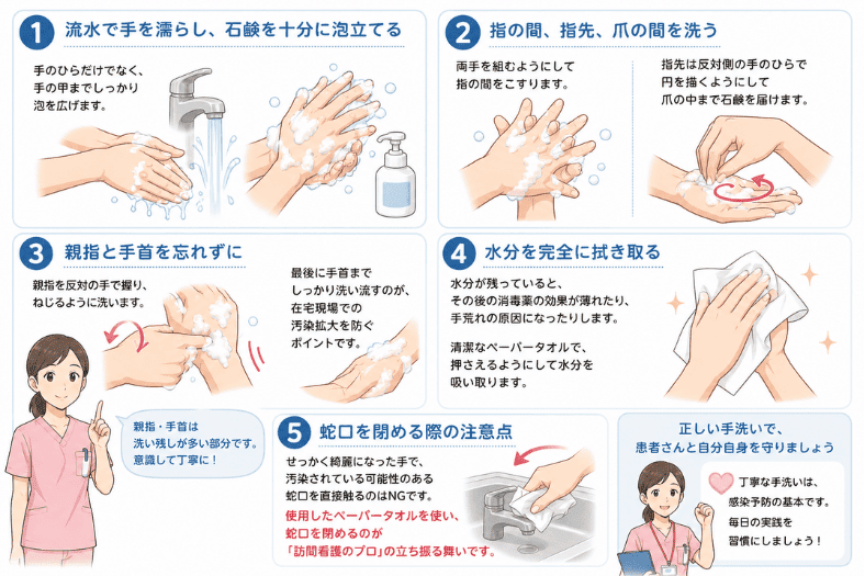 訪問看護における手指衛生の正しい手順（5ステップ）を解説したイラスト