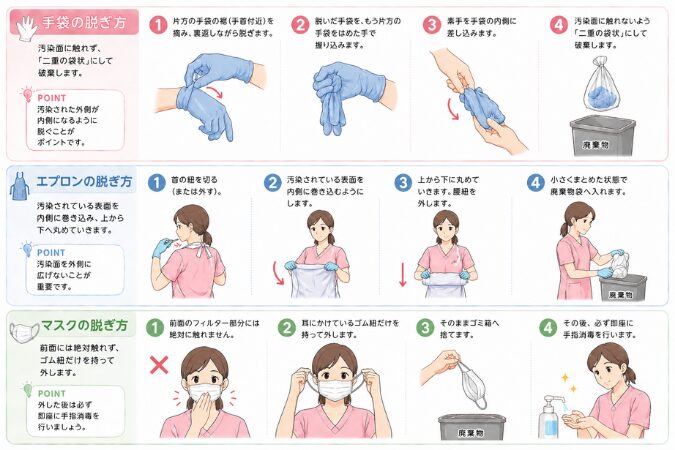 感染対策における手袋・エプロン・マスクの正しい外し方を手順ごとに図解したイラスト（汚染面に触れない脱ぎ方を解説）
