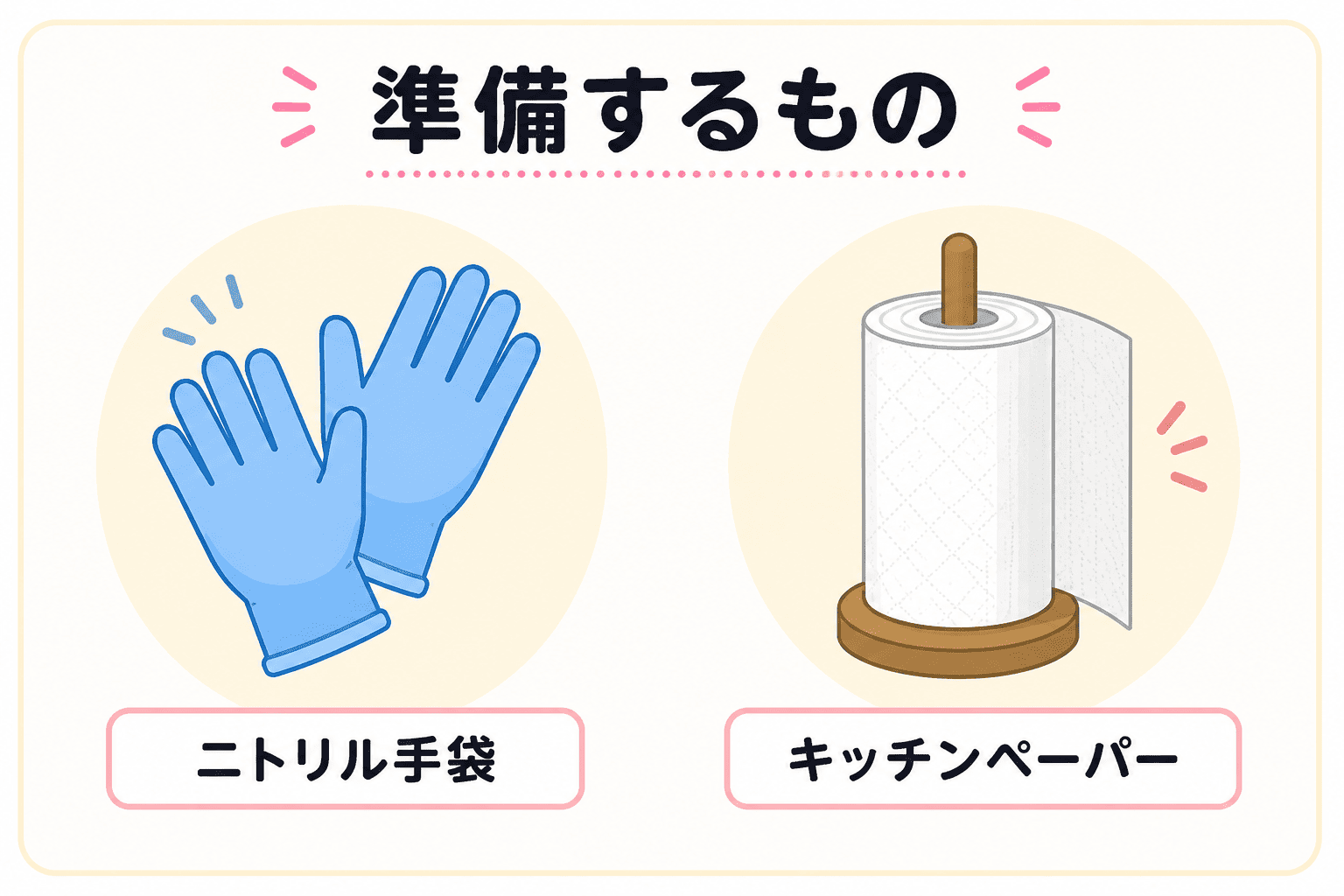 訪問看護の感染対策や食中毒予防で使用するニトリル手袋とキッチンペーパーのイラスト。汚物処理や衛生管理時に準備しておきたい用品を紹介している。