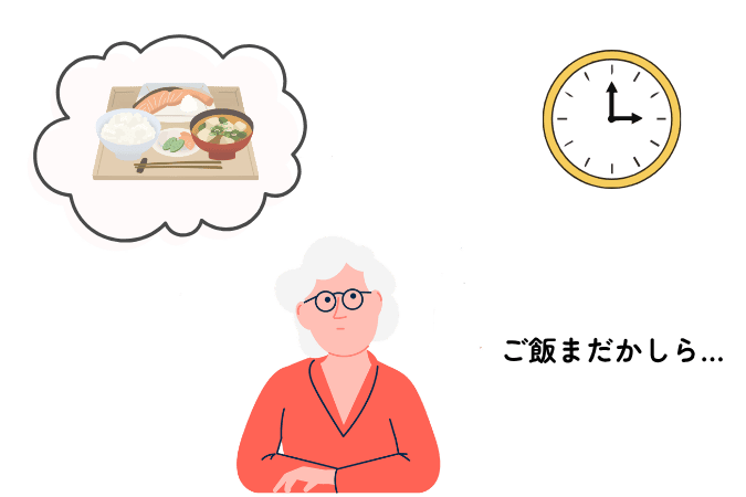 「アルツハイマー型認知症のイメージ。食事をしたことを忘れてしまう様子や、時間の感覚が曖昧になる場面を表現したイラスト。」