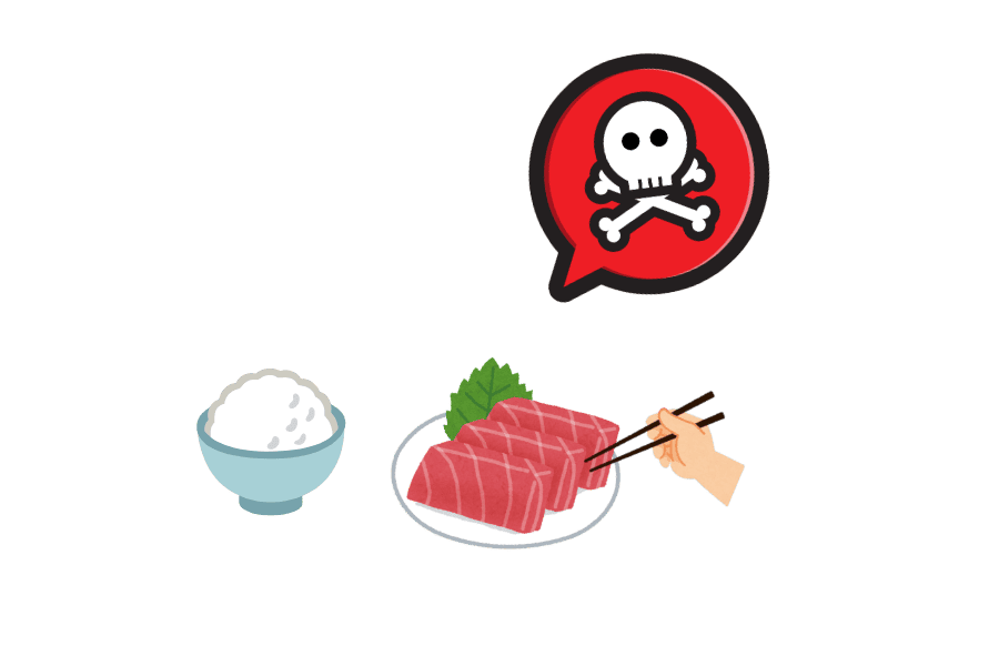 食中毒を警告するマークと刺身・ご飯のイラスト。高齢者は免疫力低下により、食中毒が重症化しやすく命に関わる危険があることを示しているイメージ。