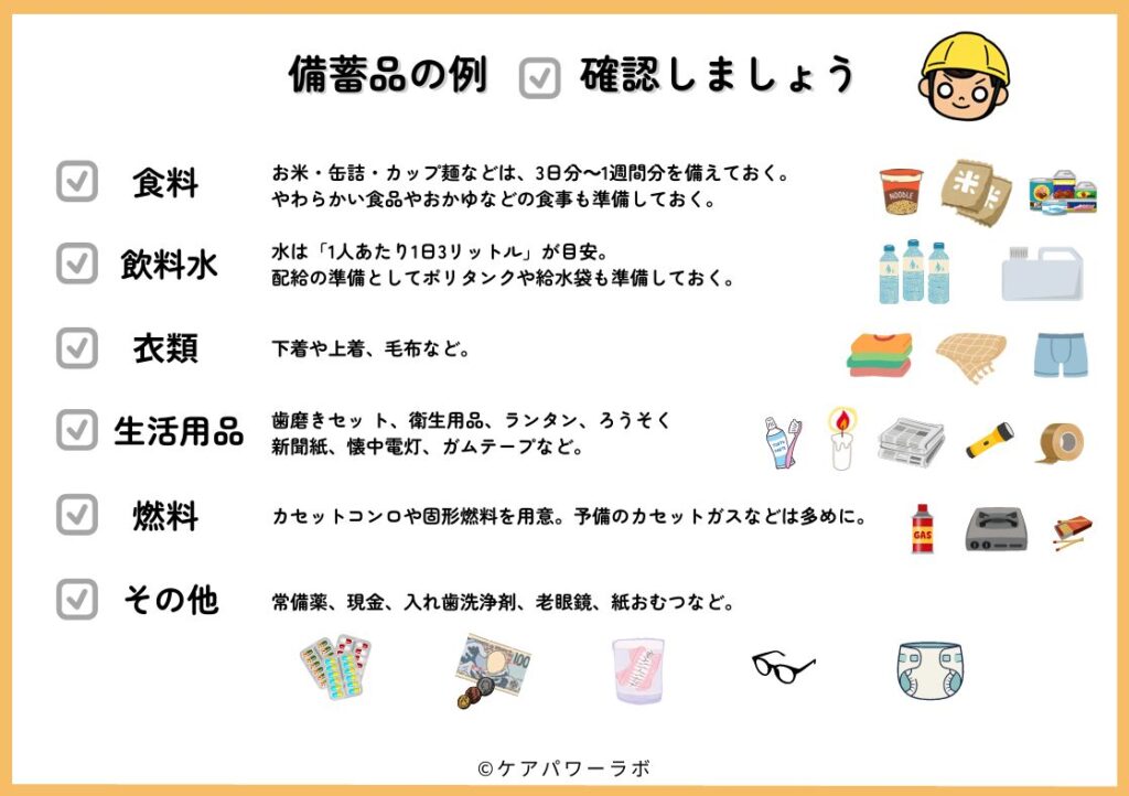 高齢者・要介護者向けの防災備蓄品リスト資料